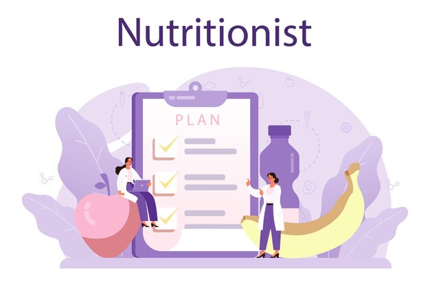 Concepto nutricionista Terapia nutricional con alimentos saludables y actividad física Programa de pérdida de peso y concepto de dieta Ilustración vectorial en estilo de dibujos animados