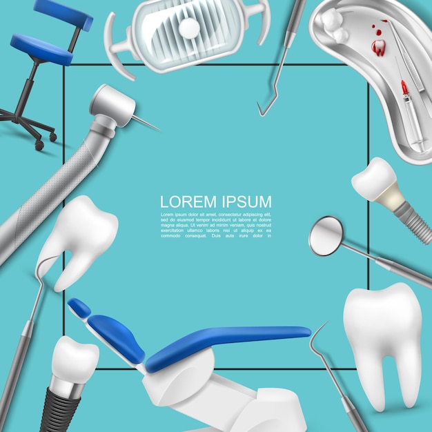 Concepto de odontología profesional realista con marco para lámpara de texto, implante dental, instrumentos estomatológicos, silla médica, máquina de dientes, bandeja de jeringa, bolas de algodón
