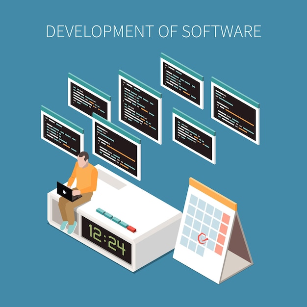 Vector gratuito concepto de operaciones de programación con configuraciones y símbolos de servicio isométricos.