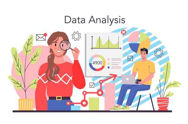Concepto de optimización de procesos Idea de mejora y desarrollo empresarial Análisis de datos de la empresa Organización empresarial eficaz Ilustración de vector plano aislado