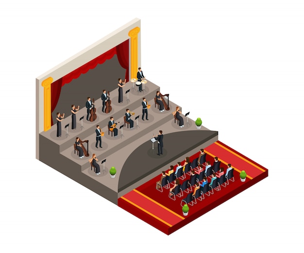 Concepto de orquesta sinfónica isométrica con director y músicos que tocan música clásica frente a la audiencia aislada