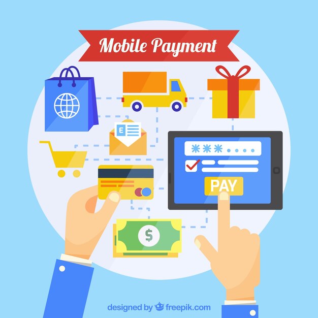 Concepto de pago online, iconos dentro de un círculo