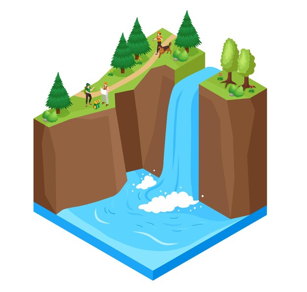 Concepto de paisaje de cascada con símbolos de vista de parque nacional ilustración vectorial isométrica