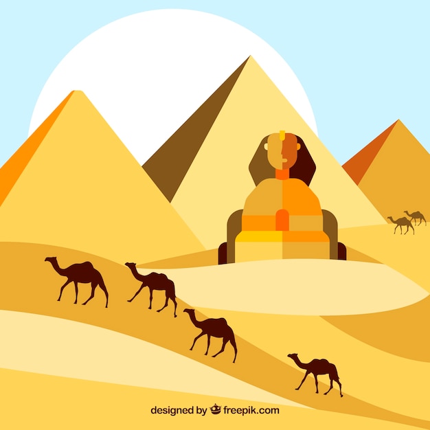 Vector gratuito concepto de paisaje de egipto con pirámides y caravana