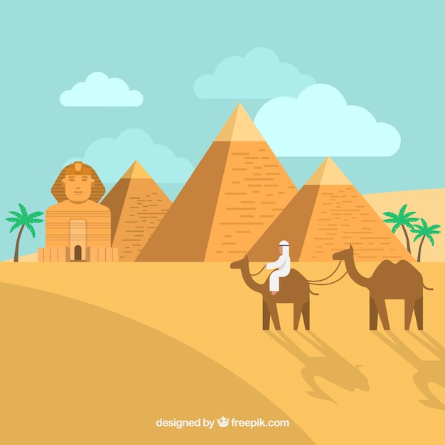Concepto de paisaje de egipto con pirámides y caravana