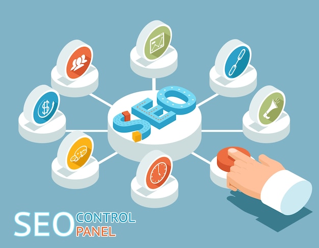 Concepto de panel de control de SEO. mano presiona el botón en el panel de control de SEO.