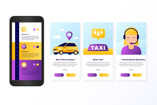 Concepto de pantalla de la aplicación de incorporación del servicio de taxi