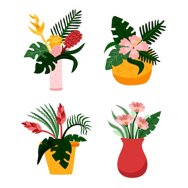 Concepto de paquete de hojas y flores tropicales