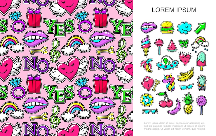 Vector gratuito concepto de parches de moda pop art con pegatinas de dibujos animados brillantes y un patrón sin fisuras de la ilustración de insignias coloridas