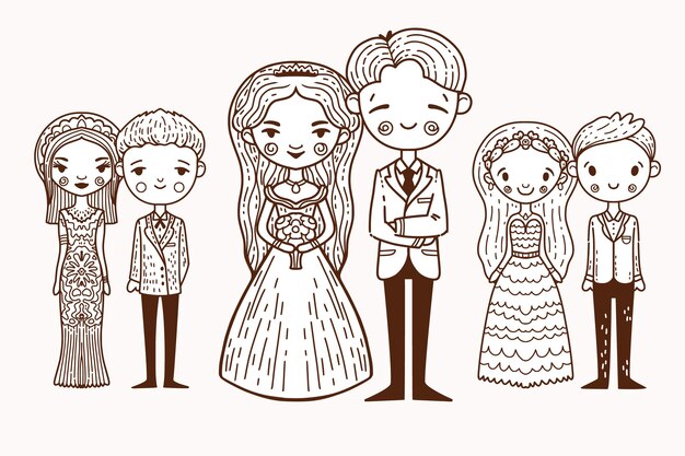 Concepto de parejas de boda dibujados a mano