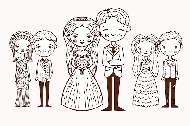 Concepto de parejas de boda dibujados a mano