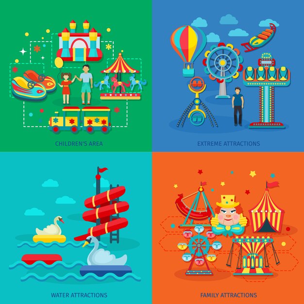 Concepto de parque de atracciones con iconos planos de atracciones familiares de agua extrema