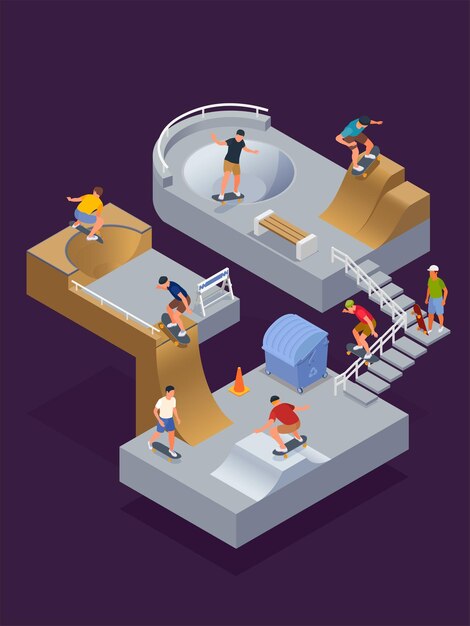 Concepto de parque de patinaje con símbolos deportivos ilustración vectorial isométrica