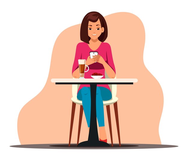 Concepto de pausa para el café niña sonriente se sienta a la mesa en un café relajante en la cafetería Mujer chateando en un teléfono inteligente en línea bebiendo bebidas comiendo galletas en el restaurante