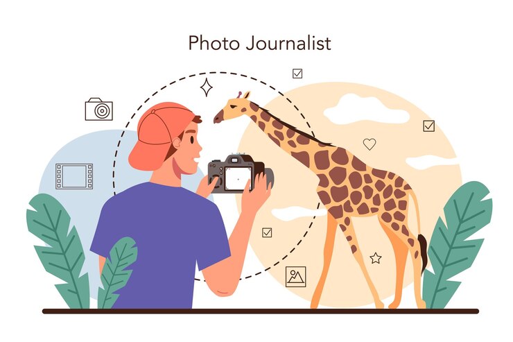 Vector gratuito concepto de periodista fotográfico fotógrafo profesional con cámara tomando fotografías en un estudio ocupación artística en un medio de comunicación ilustración de vector plano aislado