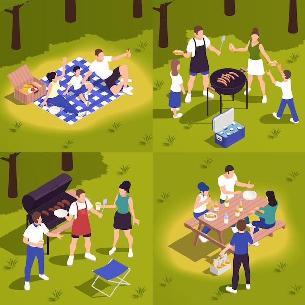 Concepto de picnic familiar en el campo 4 composiciones isométricas con sentarse en un mantel de guinga asar carne asar a la parrilla ilustración vectorial
