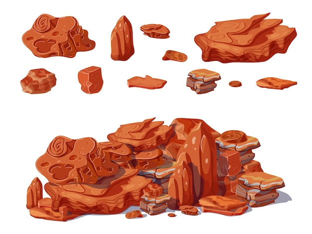 Concepto de piedras de colores de dibujos animados con rocas y cantos rodados de diferentes formas que crea pila aislada