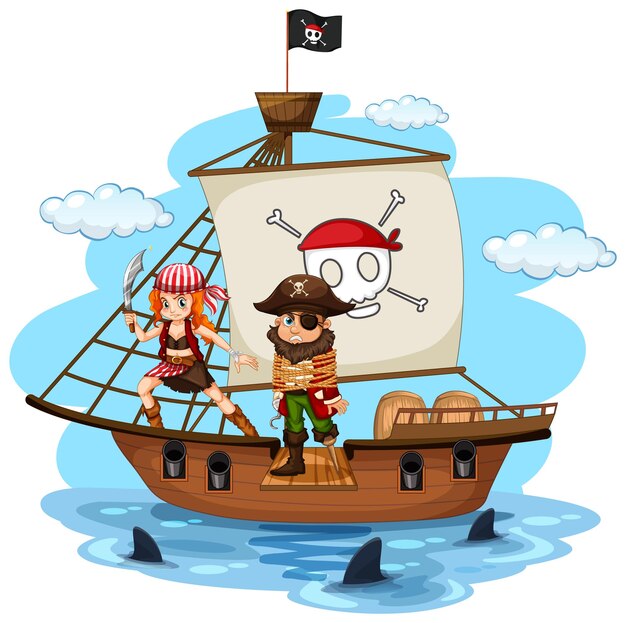 Concepto de pirata con un personaje de dibujos animados de hombre caminando por la tabla en el barco aislado