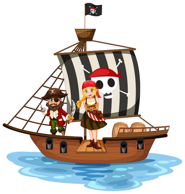 Concepto de pirata con un personaje de dibujos animados de niña caminando por la tabla en el barco aislado