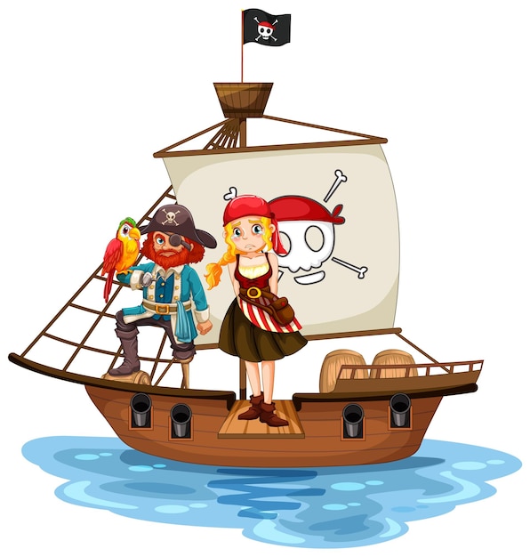 Vector gratuito concepto de pirata con un personaje de dibujos animados de niña caminando por la tabla en el barco aislado