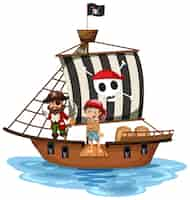 Vector gratuito concepto de pirata con un personaje de dibujos animados de niño caminando por la tabla en el barco aislado