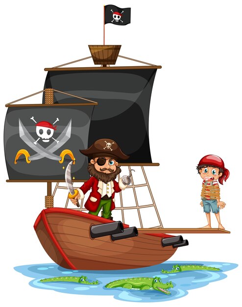 Concepto de pirata con un personaje de dibujos animados de niño caminando por la tabla en el barco aislado