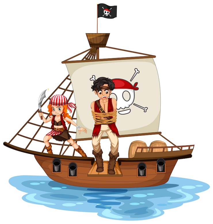 Vector gratuito concepto de pirata con un personaje de dibujos animados de niño caminando por la tabla en el barco aislado