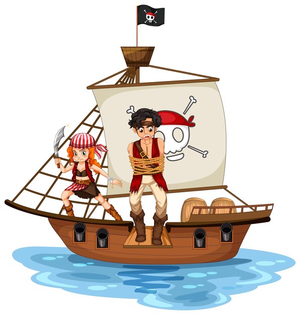 Concepto de pirata con un personaje de dibujos animados de niño caminando por la tabla en el barco aislado