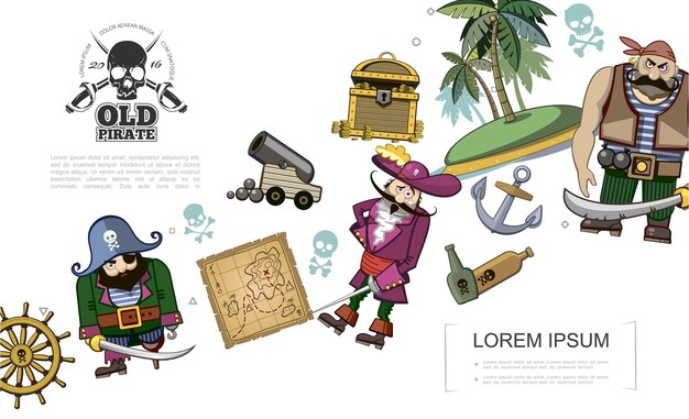 Concepto de piratas de dibujos animados con volante cofre del tesoro mapa de ancla piratas personajes cañón isla deshabitada botellas de ron ilustración