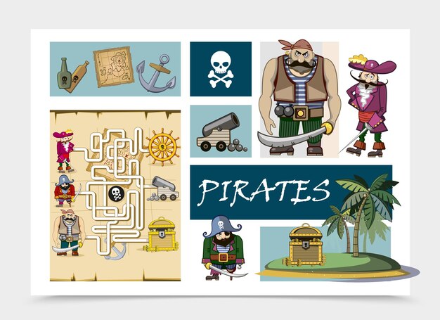 Concepto de piratas de mar de dibujos animados con botellas de ron mapa ancla calavera tibias cruzadas cañón cofre del tesoro en la isla pirata laberinto ilustración