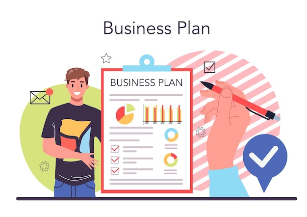 Concepto de plan de negocios Idea de estrategia de negocios Establecer una meta u objetivo y seguir el cronograma Análisis de investigación financiera y organización Ilustración de vector plano aislado