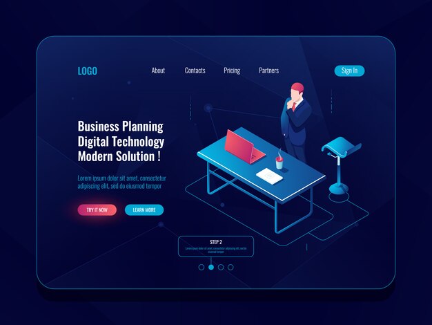 El concepto de planificación de negocios, la estadía de negocios y el proceso de intercambio de ideas, el flujo de trabajo en la oficina, la computadora portátil