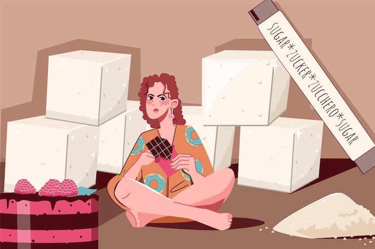 Vector gratuito concepto plano de adicción al azúcar con mujer comiendo barra de chocolate ilustración vectorial