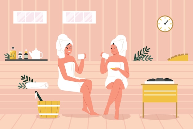 Vector gratuito concepto plano de aromaterapia con mujeres bebiendo té de hierbas en la ilustración de vector de sauna