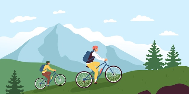 Vector gratuito concepto plano de bicicleta con gente montando en bicicleta con mountaing en la ilustración de vector de fondo