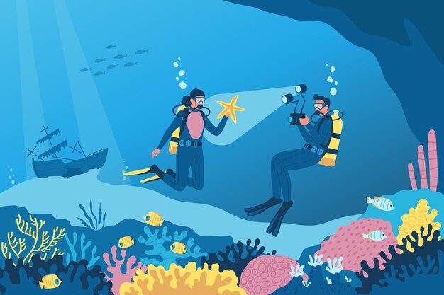 Concepto plano de buceo con buzos nadando bajo el mar en arrecifes de coral ilustración vectorial