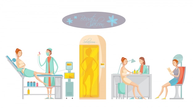 Vector gratuito concepto plano con clientes femeninos que realizan la depilación y reciben otros servicios en el salón de belleza del spa