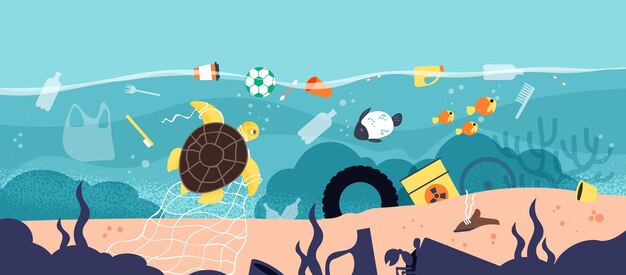 Concepto plano de contaminación del agua con residuos plásticos flotando bajo el agua ilustración vectorial