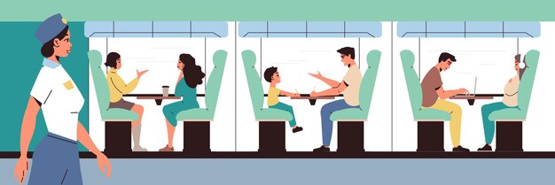 Concepto plano de estación de tren con pasajeros en ilustración de vector interior de tren