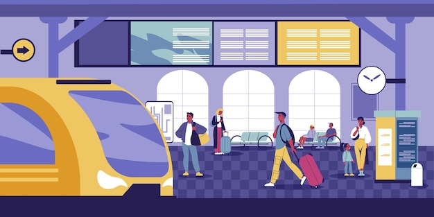 Vector gratuito concepto plano de estación de tren con pasajeros que ingresan a la ilustración de vector de tren