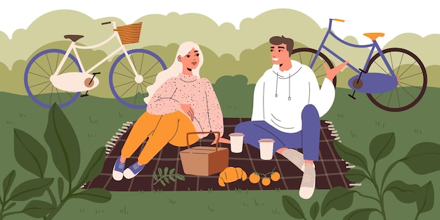 Concepto plano de estilo de vida de Lagom con pareja joven haciendo picnic comiendo comida saludable al aire libre con bicicletas en la ilustración de vector de fondo