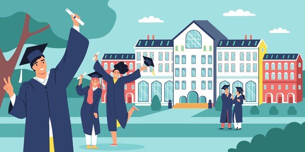 Concepto plano de estudiante con escena de graduación de hombres jóvenes con campus universitario en ilustración de vector de fondo