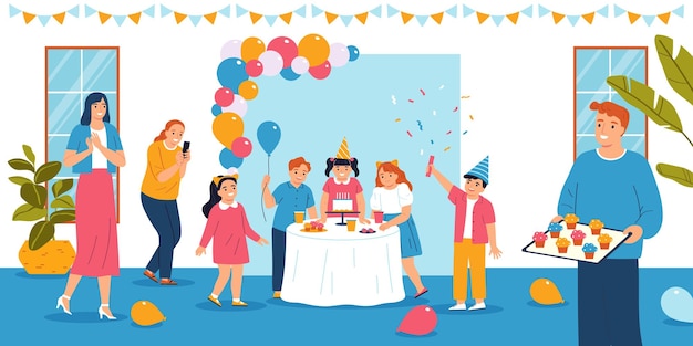 Vector gratuito concepto plano de fiesta infantil con niños felices celebrando la ilustración de vector de cumpleaños de un amigo