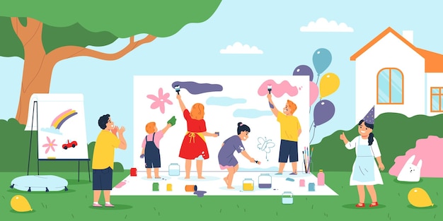 Concepto plano de fiesta infantil con niños pintando juntos al aire libre ilustración vectorial