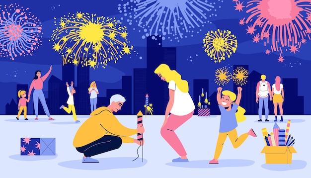 Concepto plano de fuegos artificiales con familia feliz viendo saludo al aire libre ilustración vectorial