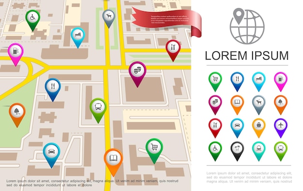 Concepto plano de gps de mapa de la ciudad con coloridos pines de navegación y punteros de diferentes objetos ilustración