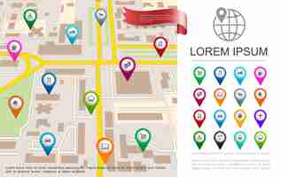 Vector gratuito concepto plano de gps de mapa de la ciudad con coloridos pines de navegación y punteros de diferentes objetos ilustración