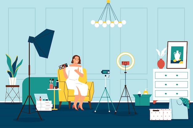 Concepto plano de hobby con blogger de belleza disparando ilustración de vector de video de maquillaje