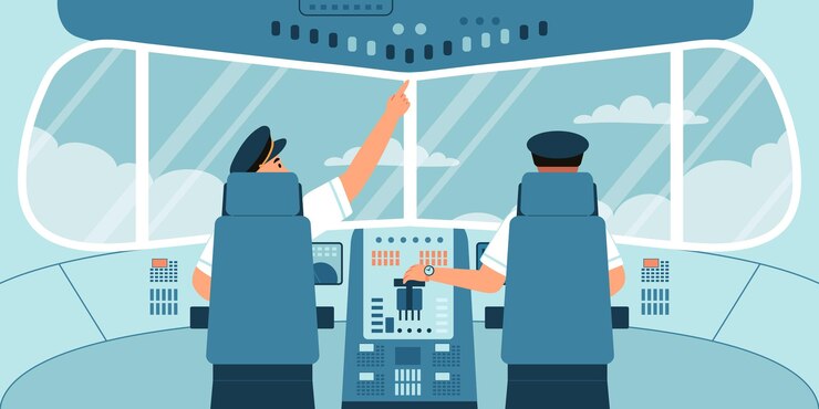 Vector gratuito concepto plano interior del avión con pilotos en la ilustración de vector de cabina