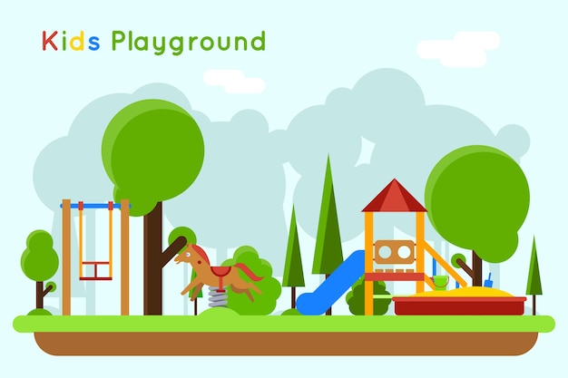 Concepto plano de juegos infantiles. Tobogán al aire libre, arena e infancia